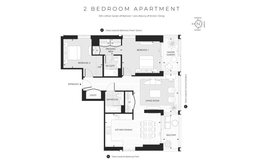 Typical Two Bed Apartment Layout at Prince of Wales Drive, Battersea
